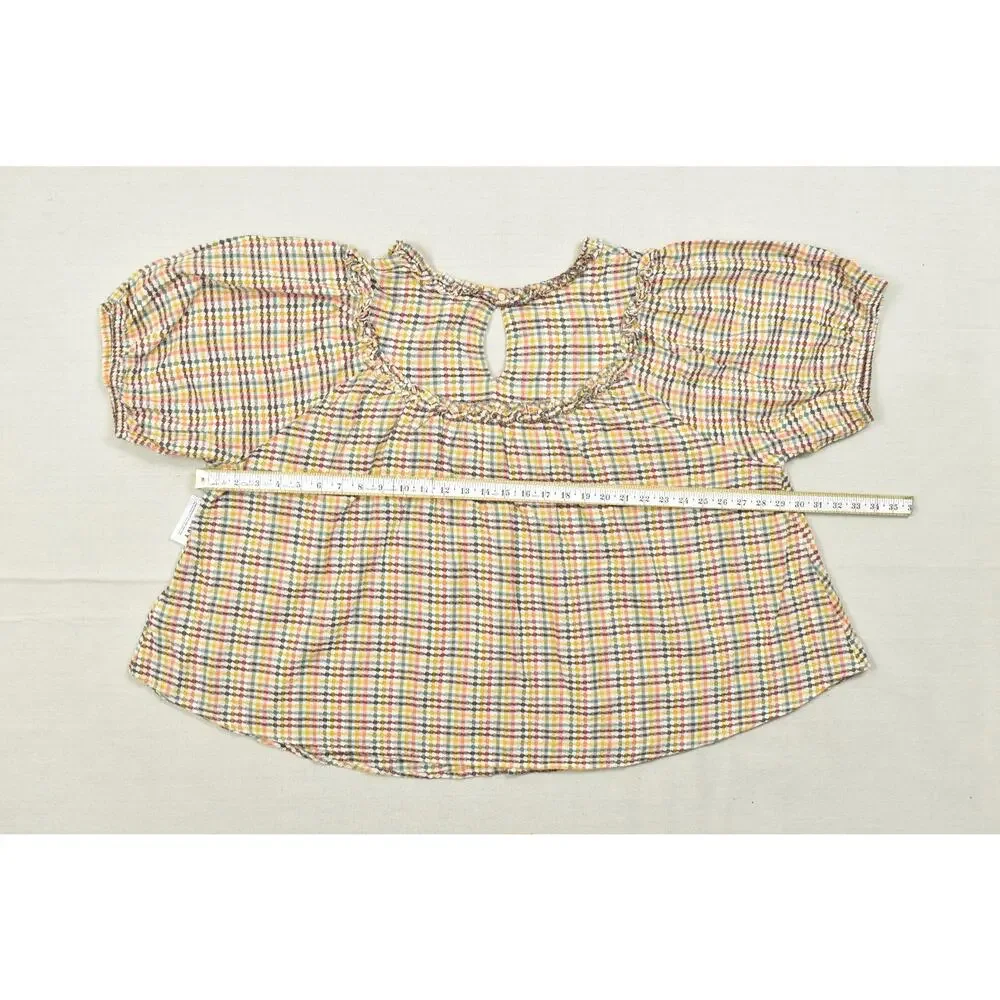 Old Navy Womens 3X Top Multicolor Gingham Plaid Cotton Keyhole Back Puff Sleeve